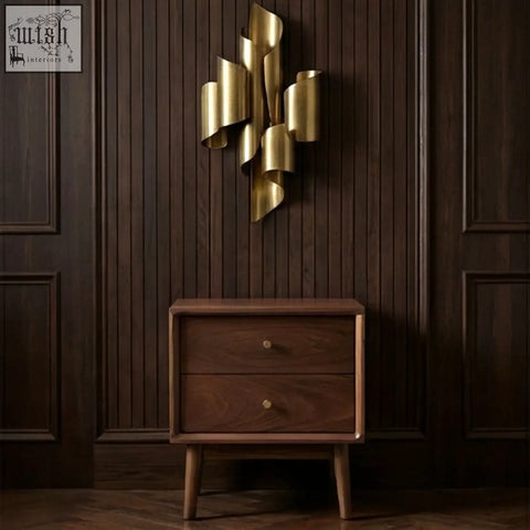 A sleek dark wood walnut bedside table with two drawers and tapered legs in solid walnut finish