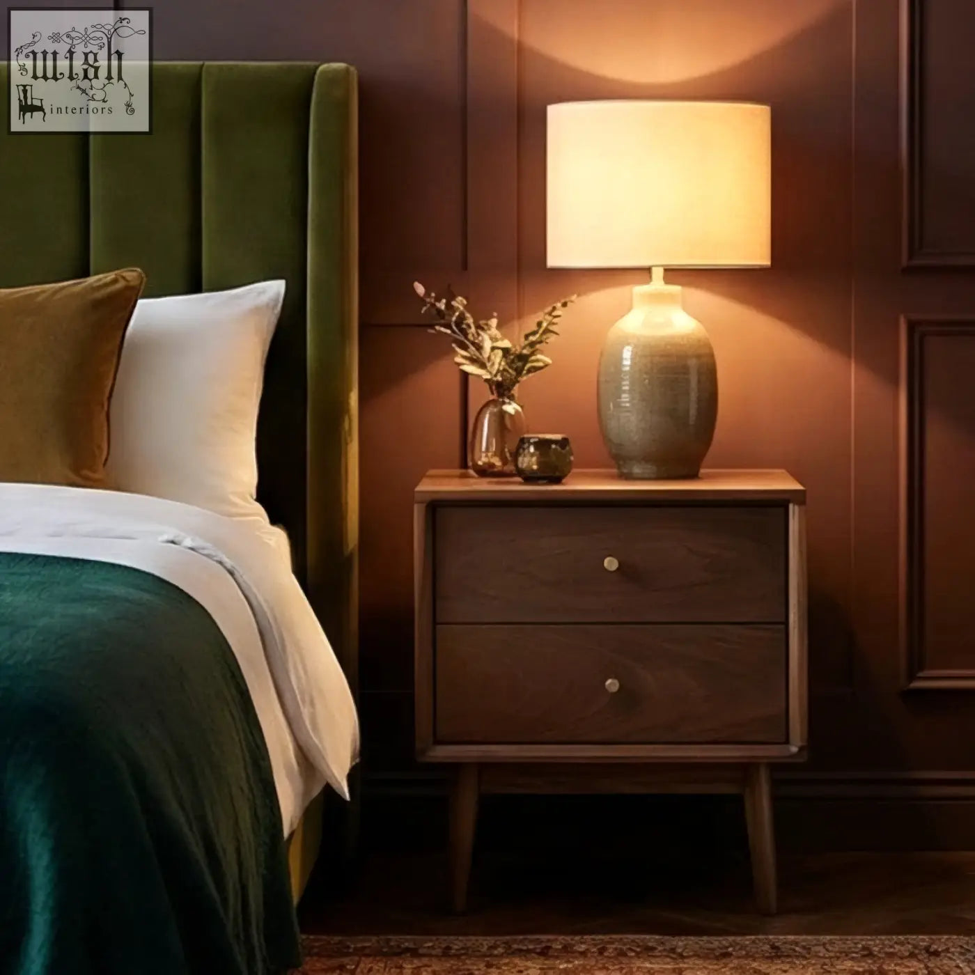 A warm-toned ceramic lamp with linen shade on a solid walnut bedside table with dark wood finish