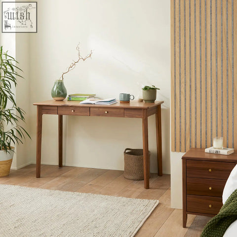 Minimalist wright walnut desk and dressing table with three solid walnut drawers and wood drawer runners, year warranty included
