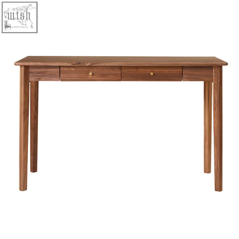 Wright walnut desk and dressing table with solid walnut wood drawer runners and three drawers with brass knobs