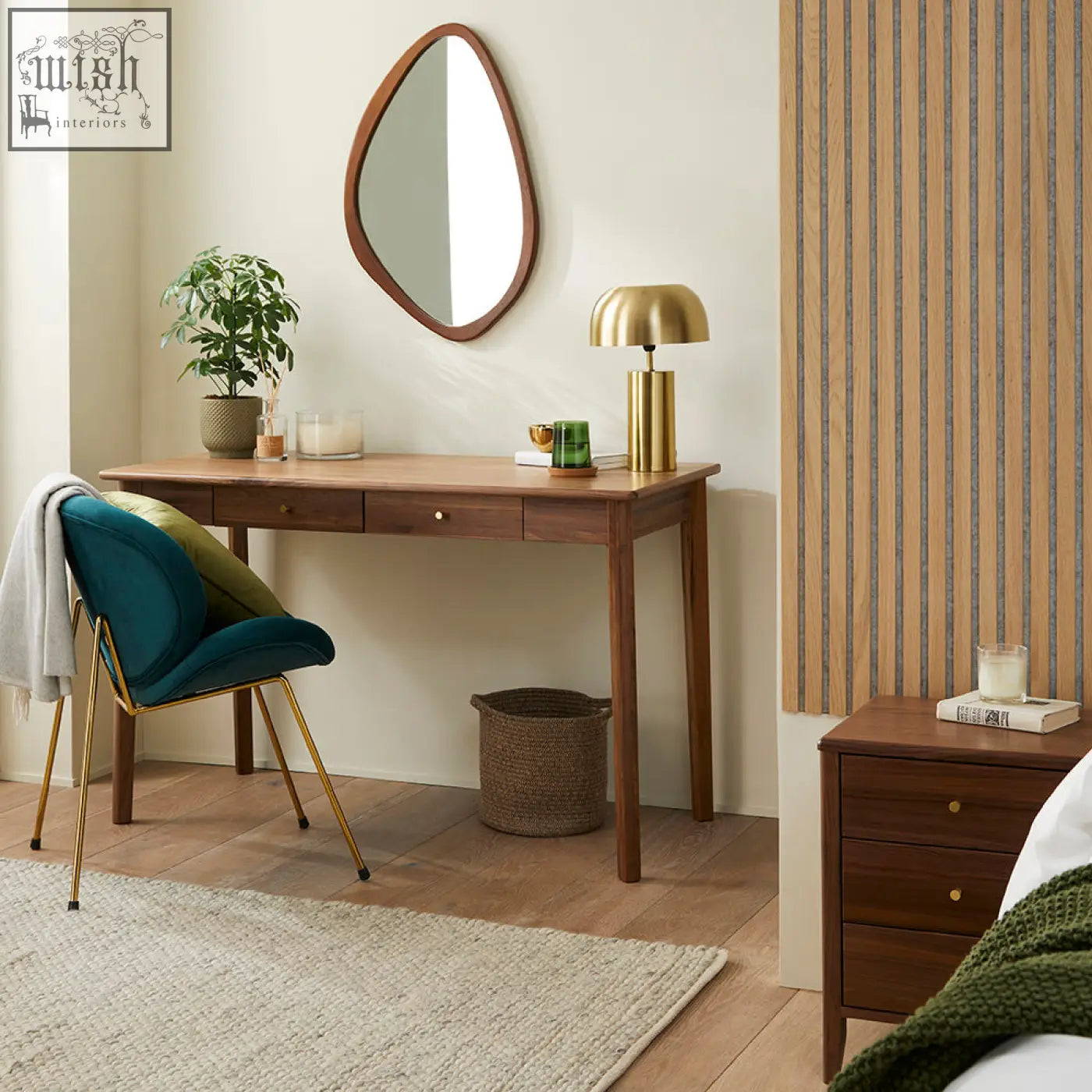 Wright walnut desk and dressing table with solid walnut wood, brass hardware, matching oval mirror, and wood drawer runners with year warranty