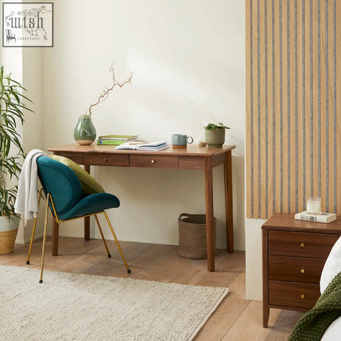 Teak wood wright walnut desk with three drawers and gold handles features solid walnut and wood drawer runners with year warranty
