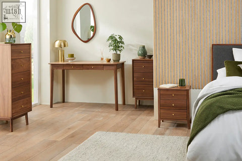 Warm-toned wright walnut desk and dressing table with solid walnut wood drawer runners and smooth polished surface