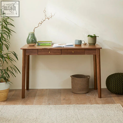 Wright walnut desk and dressing table with warm-toned solid walnut, two drawers with wood drawer runners, brass handles, minimalist design
