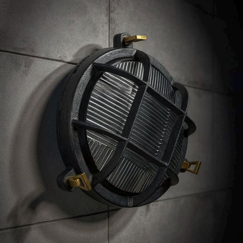 Industrial-style black metal wall light with ribbed grid design and gold hardware nautical bulkhead wall fixture