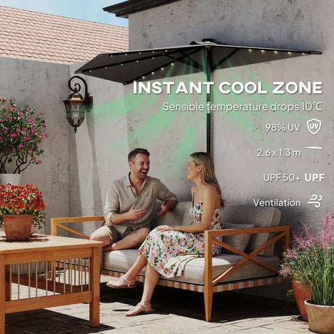 Outsunny 2.6 m Half Garden Parasol with Solar LED Lights, UPF50+ Semi Round Umbrella with 30° Tilt, Crank Handle, Dark Grey