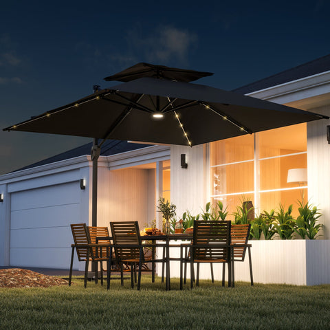 Outsunny 3.5x3 m Garden Cantilever Parasol with Solar LED Lights and Centre Light, UPF50+ Aluminium Patio Umbrella with 360° Rotation and Tilt, Hanging Sun Shade with Cross Base, Crank Handle, Black