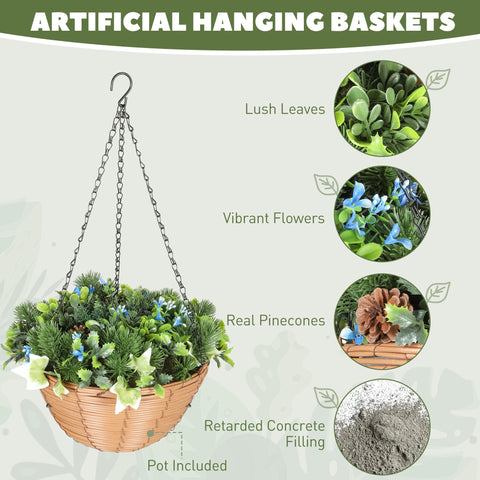 HOMCOM Pack of 2 Faux Plant Artificial Lisianthus Flowers, Hanging Planters with Basket, PE Leaves, 18 Flowers and 3 Pinecones, Decorative Faux Plants for Home Office Decor, Green