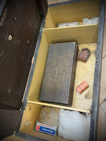 Dark wooden wwii arp first aid box with carved red cross lid civil defence medical case vintage storage box
