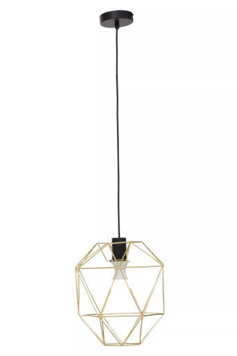 Geometric champagne gold pendant light with metal frame black cord and ceiling fixture perfect for modern spaces
