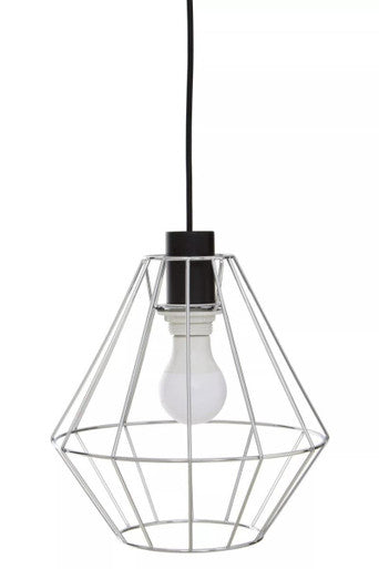 Wyra chrome cage pendant light silver geometric wire cage pendant light with black cord and exposed bulb