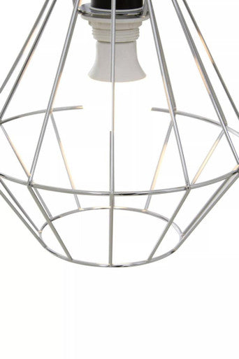 Wyra chrome cage pendant light featuring a chrome cage pendant with a clear glass bulb holder for modern lighting