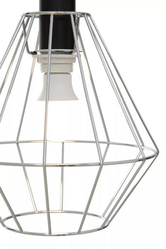 Wyra chrome cage pendant light with chrome cage pendant design black stem and white bulb base modern style