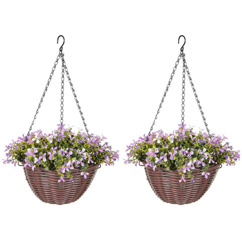 HOMCOM Artificial Flowers in Basket Set of 2, Artificial Hanging Baskets with 75 Leaves and 15 Flowers in Pot, Decorative Plant for Home Office Decor, Purple