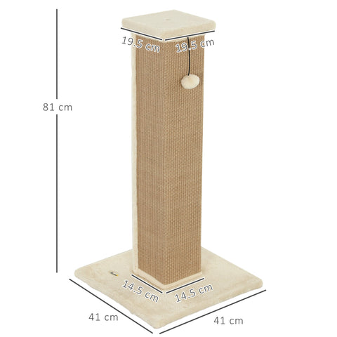 PawHut 81cm Cat Scratcher, Vertical Full Scratcher w/ Natural Jute Rope, Hanging Ball, Soft Plush - Beige