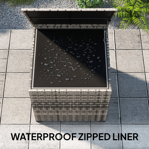 Outsunny 253L Garden Storage Box, Rattan Deck Box with Zipped Liner, Safe Pneumatic Rod, Patio Storage Container, Mixed Grey