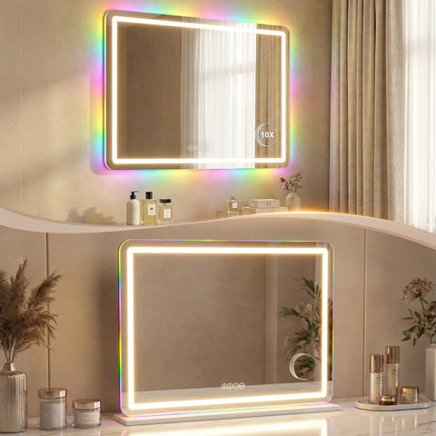 HOMCOM Vanity Mirror with Lights, Dimmable Makeup Mirror with Adjustable Colour Temperature, RGB Light, Bluetooth Speaker White