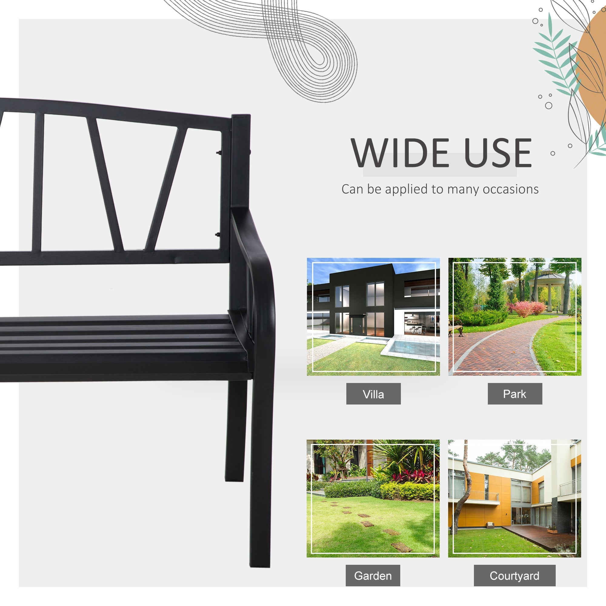 Outsunny 2-Seater Garden Bench Metal Loveseat w/ Decorative Backrest Ergonomic Armrest