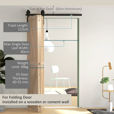 HOMCOM 4FT/122CM Bi-Folding Sliding Barn Door Hardware Track Kit, Heavy Duty Sliding Door Kit for 2 Doors with J Shape Hanger