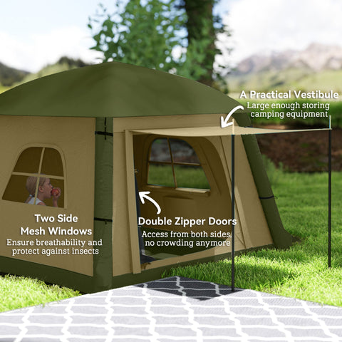 Outsunny Inflatable Camping Tent w/ Hand Pump, Easy Setup 1/2 Person Blow Up Tent Waterproof 190T Taffeta w/ Mesh Windows, Doors and Carry Bag, Brown