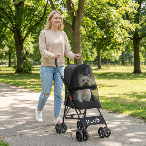PawHut Dog Stroller, Foldable Cat Dog Pram for Miniature Breeds, Pet Stroller with Brake, Mesh Windows, Black