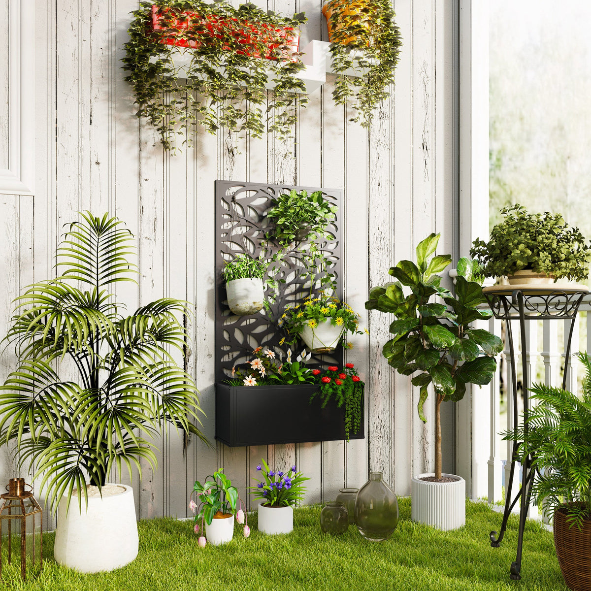 Outsunny Outdoor Metal Planter, with Back Trellis - Black