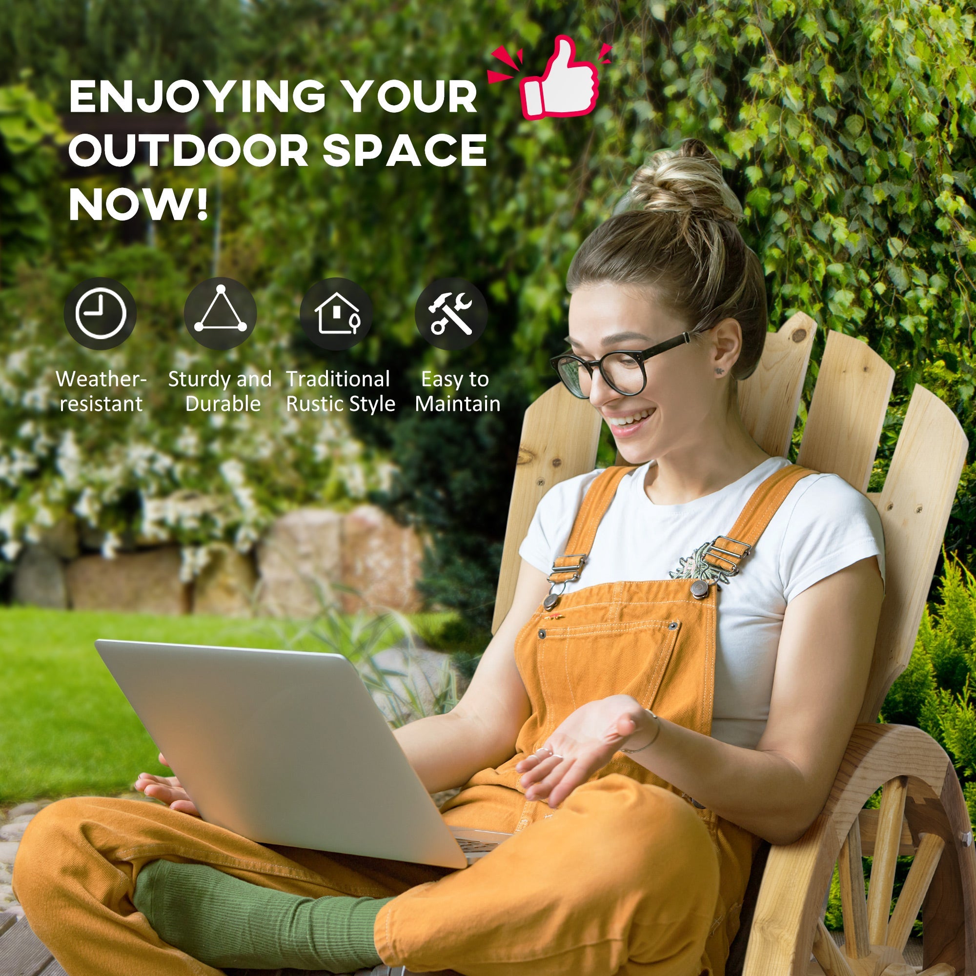 Outsunny 2 Piece Wooden Adirondack Rocking Chair Reclining Armchair Outdoor Garden Furniture Patio Porch Rocker - Natural
