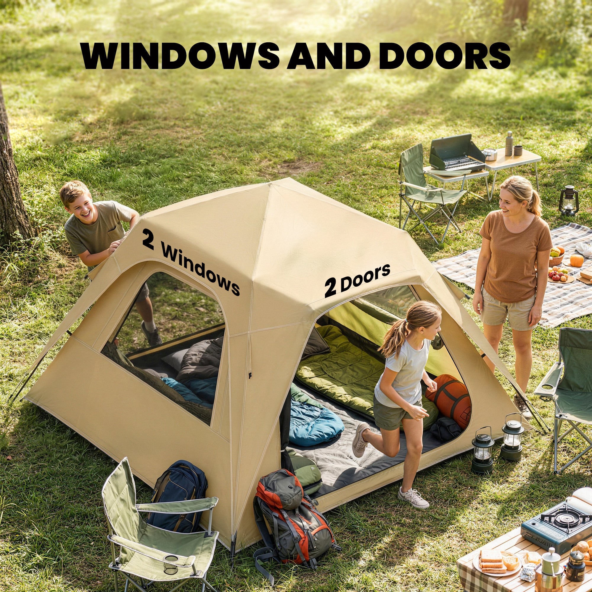 Outsunny Pop Up Tent 3000mm Waterproof Camping Tents with Mesh Windows 2-3 People Khaki
