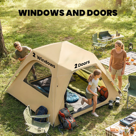 Outsunny Pop Up Tent 3000mm Waterproof Camping Tents with Mesh Windows 2-3 People Khaki