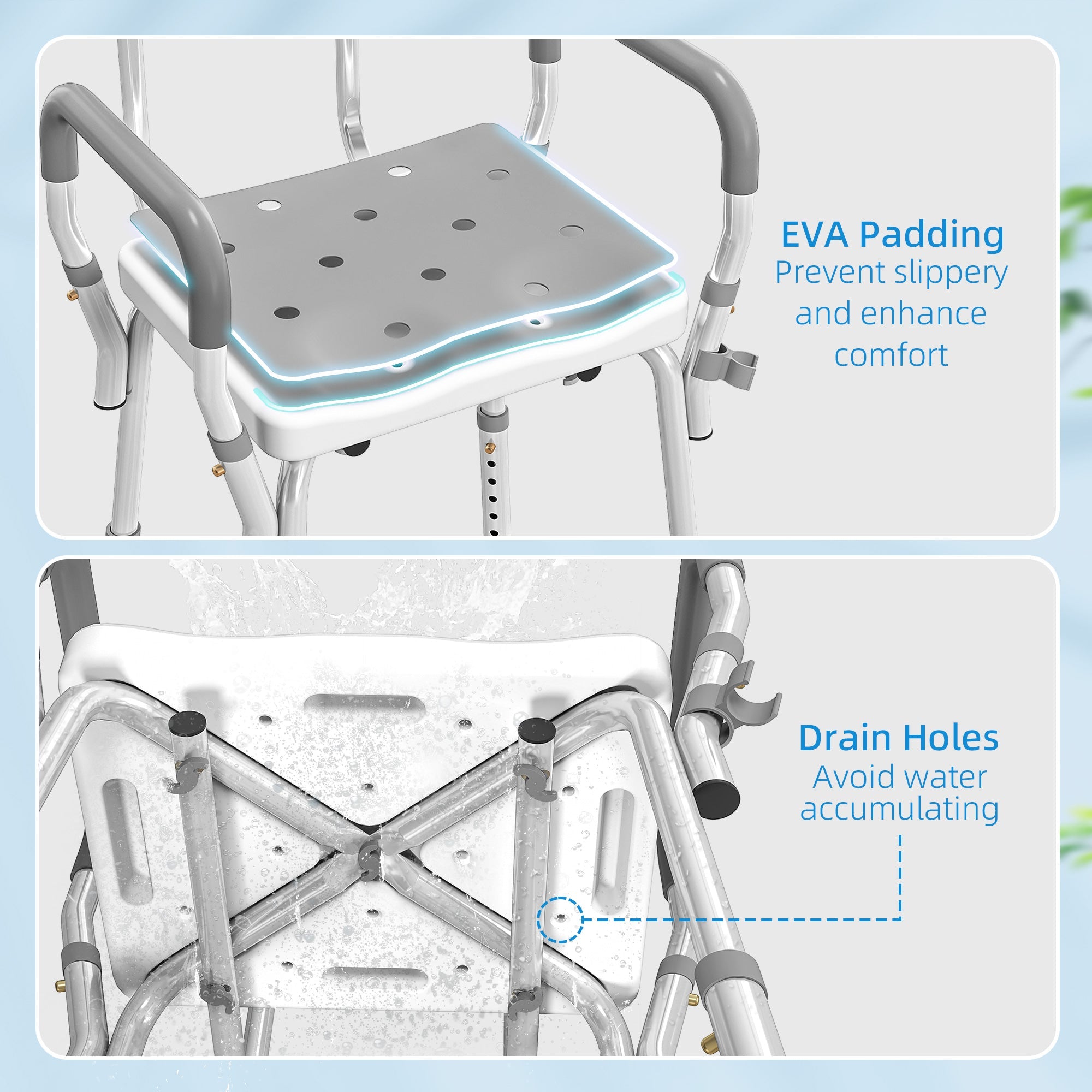 HOMCOM EVA Padded Shower Chair for the Elderly and Disabled, Height Adjustable Shower Stool with Back and Arms, 4 Suction Foot Pads, Light Grey
