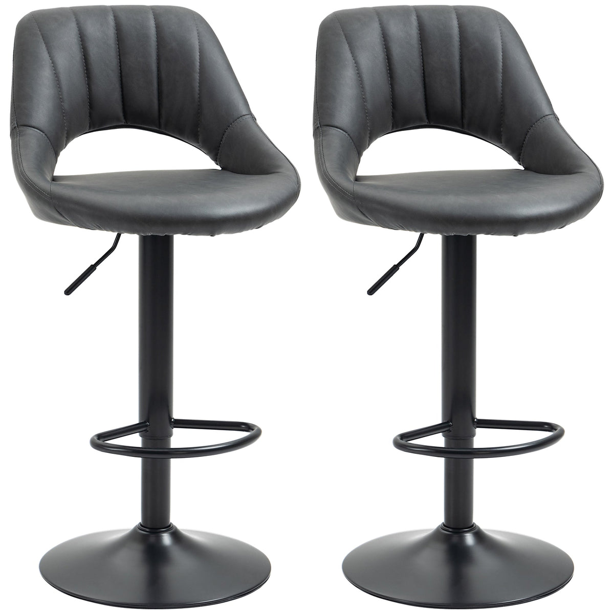 HOMCOM Bar Stools Set of 2, Swivel Counter Height Barstools with Back, Adjustable PU Leather Bar Chairs, Modern Armless Kitchen Island Stool, Dark Grey