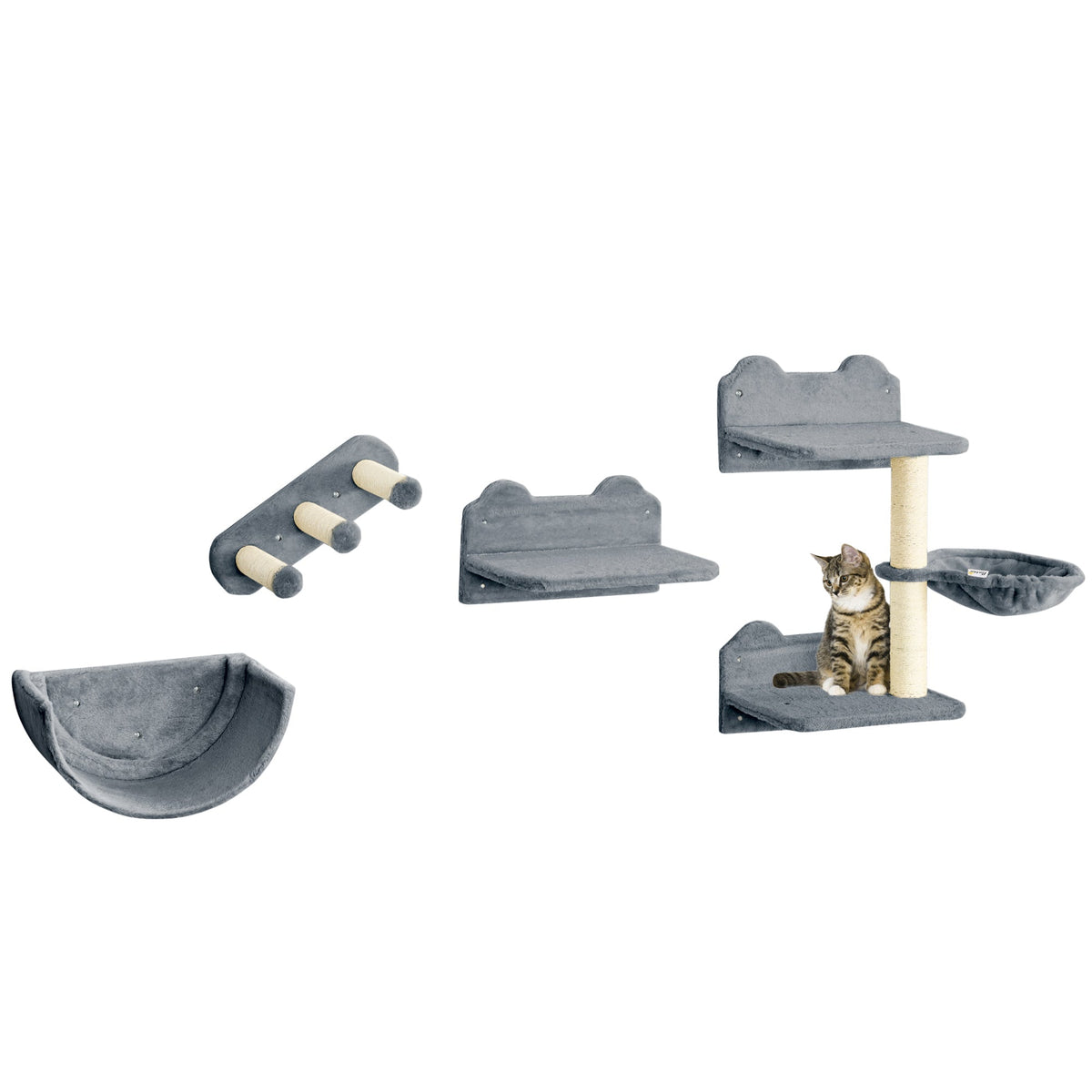 PawHut 4PCs Wall-Mounted Cat Shelves w/ Scratching Post, Hammock, Nest - Grey