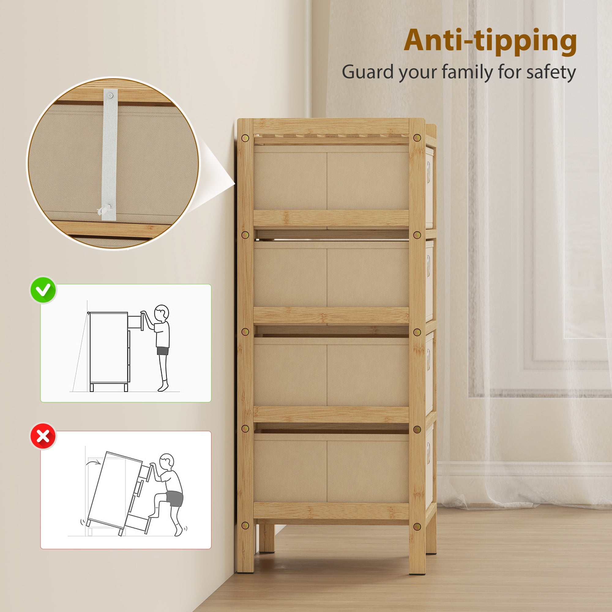 HOMCOM Chest of Drawers, 4 Fabric Drawers Narrow Dresser with Bamboo Frame, Cream White