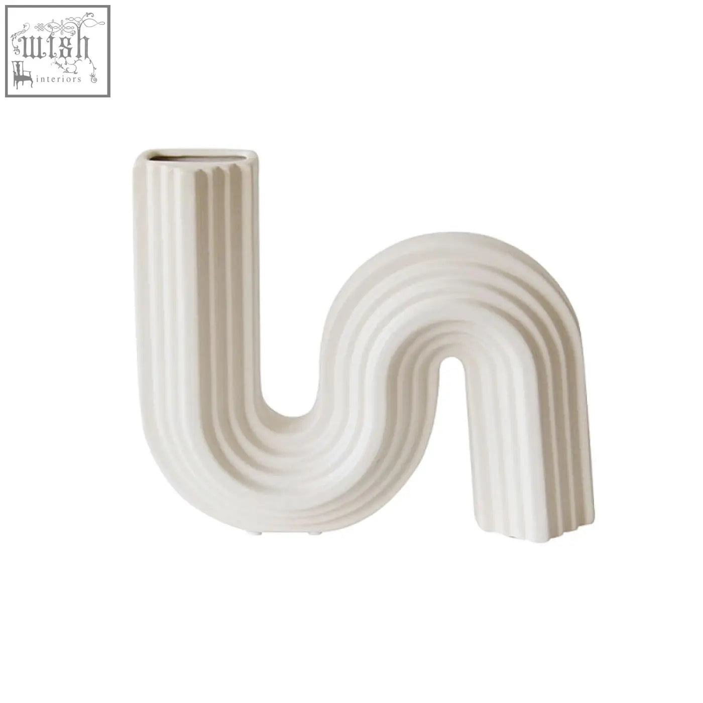 Cream-colored Xenia ceramic shaped vase with s-shaped curve and vertical ridges for stylish home decor