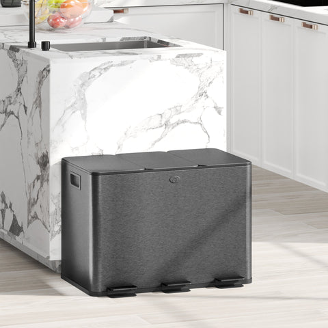 HOMCOM 3 x 20L Pedal Bin, Steel Triple Kitchen Bin with Soft Close Lid, Removable Inner Buckets, Fingerprint-Proof, Black