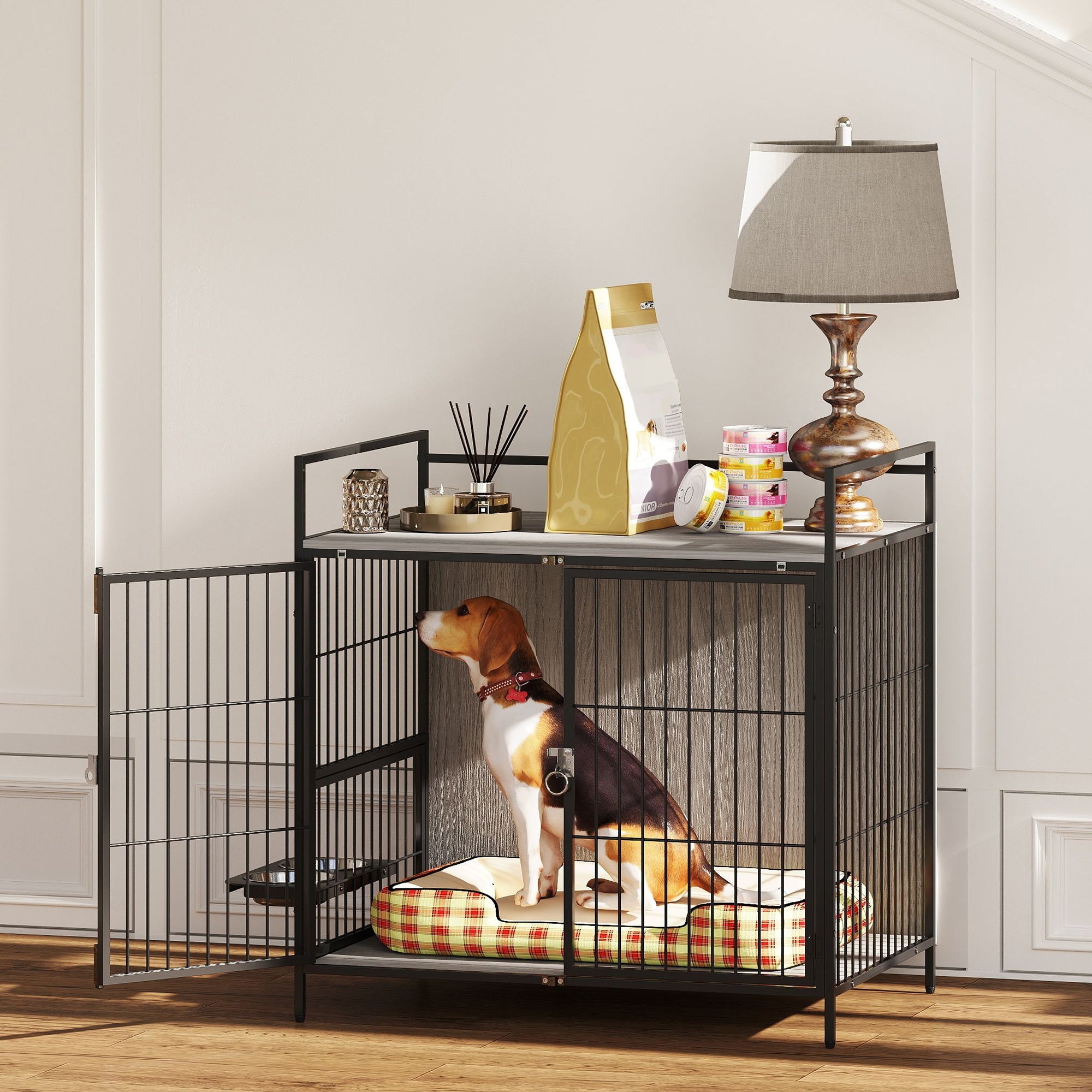 PawHut Dog Crate Furniture with Rotating Bowl Holder, 2 Bowls, 2 Doors, for Medium Dogs, 80 x 56 x 76.5 cm, Grey