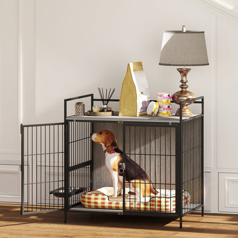 PawHut Dog Crate Furniture with Rotating Bowl Holder, 2 Bowls, 2 Doors, for Medium Dogs, 80 x 56 x 76.5 cm, Grey