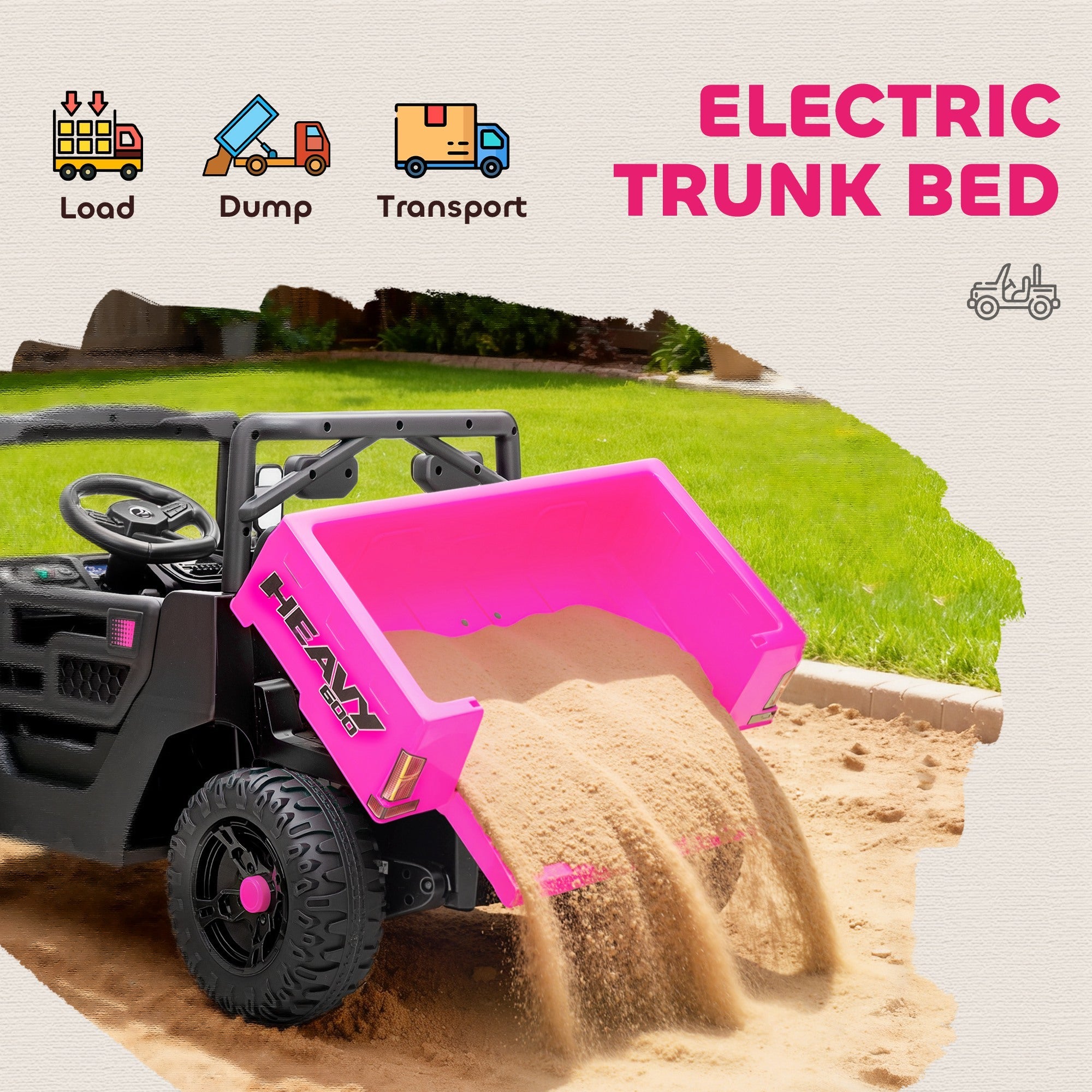 AIYAPLAY Kids Ride on Car, 12V Electric Kids UTV with Electric Dump Bed, 4-Wheel Suspension for 3-8 Years, Pink