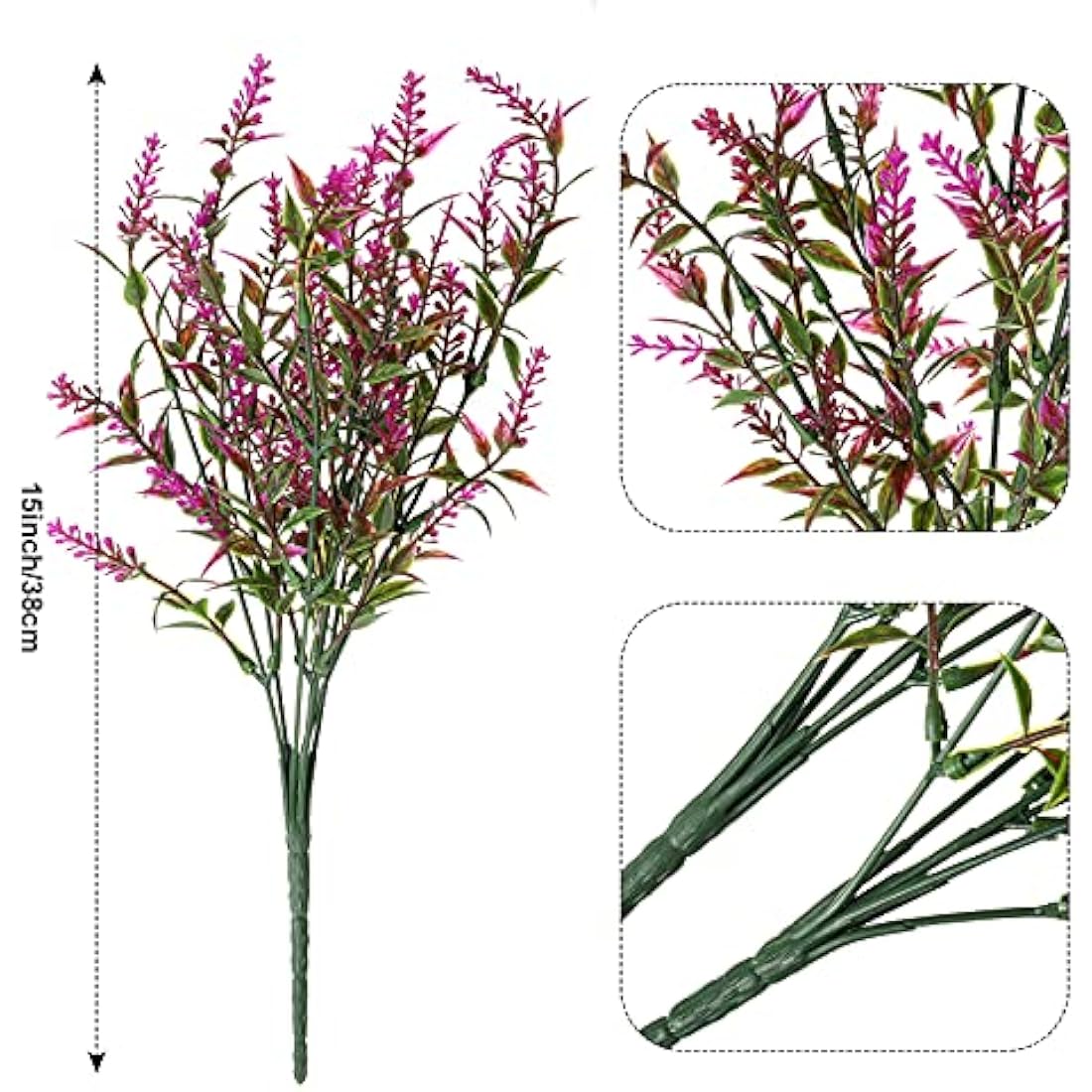 A 15-inch artificial floral arrangement with vibrant pink faux flowers and green leaves made of plastic faux flowers for indoor outdoor use