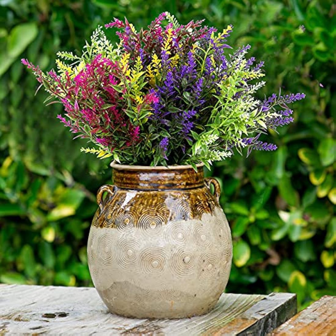 Rustic ceramic vase with beige body and brown rim alongside xinnun 24 bundles outdoor fake plants with plastic faux flowers
