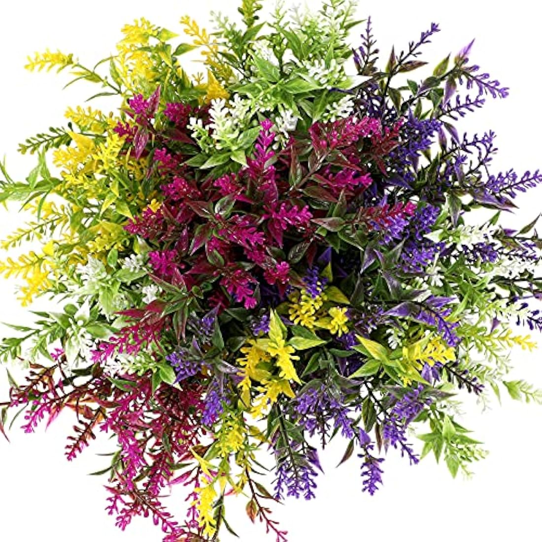 A vibrant arrangement of green, yellow, purple, and magenta plastic faux flowers perfect for outdoor fake plants decor