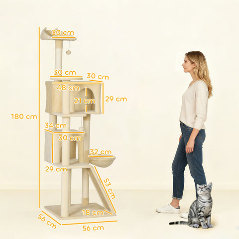 PawHut 180cm Large Cat Tree Tower with Sisal Scratching Posts, Condos, Plush Perches, Hammock, Ladder, Beige