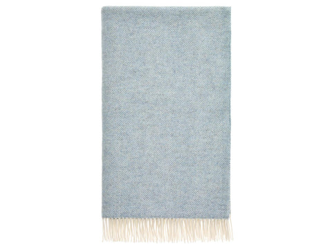 A soft light blue herringbone shetland pure wool scarf with cream fringe perfect for cozy warmth 140cm x 220cm