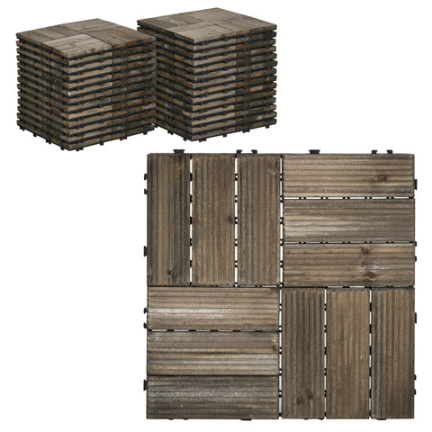 Outsunny 27 Pcs Wooden Interlocking Decking Tiles, Outdoor Flooring Tiles for Patio, Balcony, Terrace, Hot Tub, 30 x 30 cm per Piece, 2.5\'e3\'8e\'a1 per Pack, Charcoal Grey