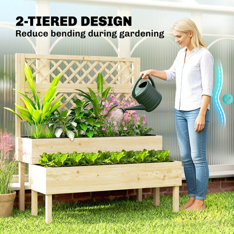 Outsunny Raised Garden Bed 2-Tier Stepped Design Planter Box with Trellis for Climbing Plants 108x62x120 cm