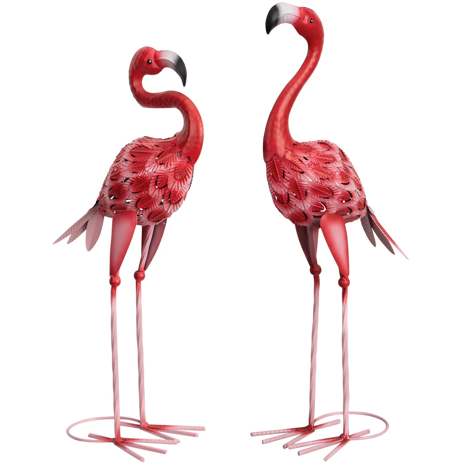 Two vibrant red metal flamingo statues with detailed feathers and black beaks for outdoor garden yard decor