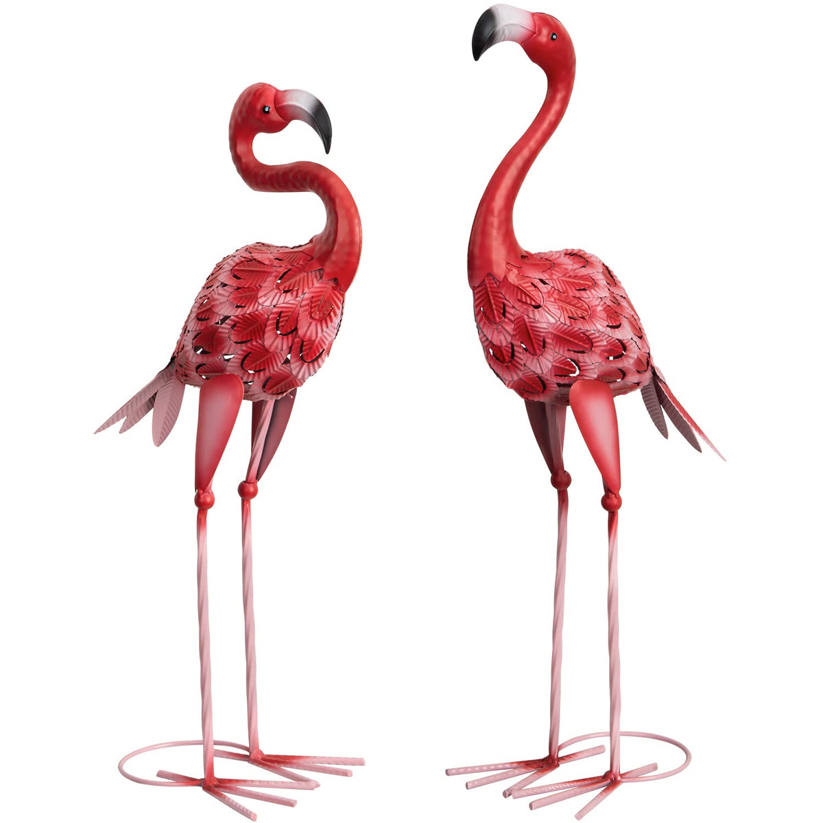 Two vibrant red metal flamingo statues with detailed feathers and black beaks for outdoor garden yard decor