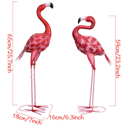 Two pink metal flamingo statues with metallic finish and detailed feathers for outdoor garden decor set of 2