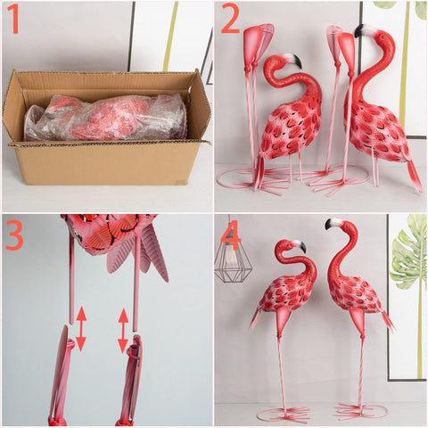Set of 2 red metal flamingo statues with textured metallic finish and slender legs for garden patio decor