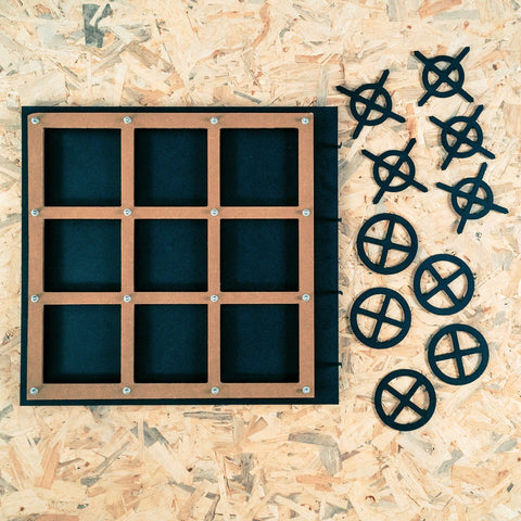 Black and copper tic tac toe grid storage tray with nine compartments for xox board three in a row game